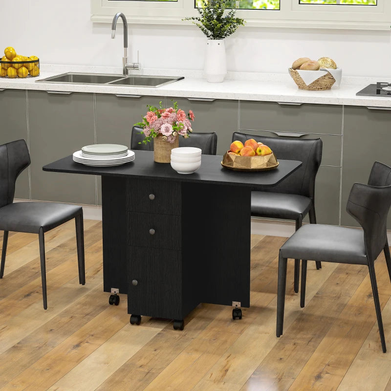 Multi-Storage Six-Person Drop Leaf Dining Table in Distressed Black Finish