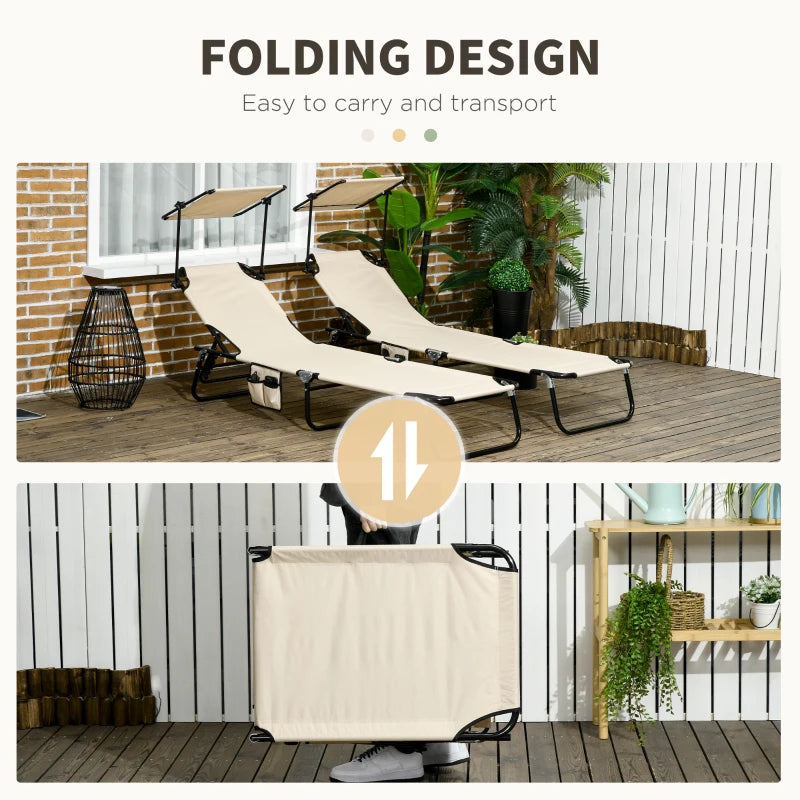 2 Piece Tan Brown Folding Sun Loungers with Canopy - Adjustable Recliner Garden Chairs with Side Pocket, Steel Frame and Breathable Mesh for Outdoor, Pool, Beach, Garden