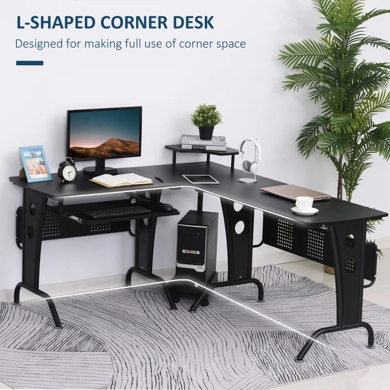 L-Shaped Gaming Desk with CPU Rack & Keyboard Tray - Space-Saving Steel Frame Home Office Desk, 165x145cm, Black