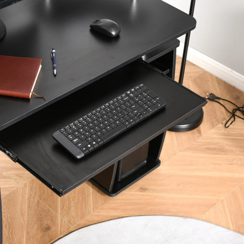 Modern Black Computer Desk with Keyboard Tray, CPU Shelf, Drawers & Sliding Scanner Shelf - Ideal Office Workstation