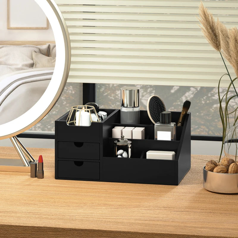 Bamboo Desk Organiser Holder - Multi-Function Storage Caddy with 7 Compartments & 2 Drawers for Home Office Supplies - Black