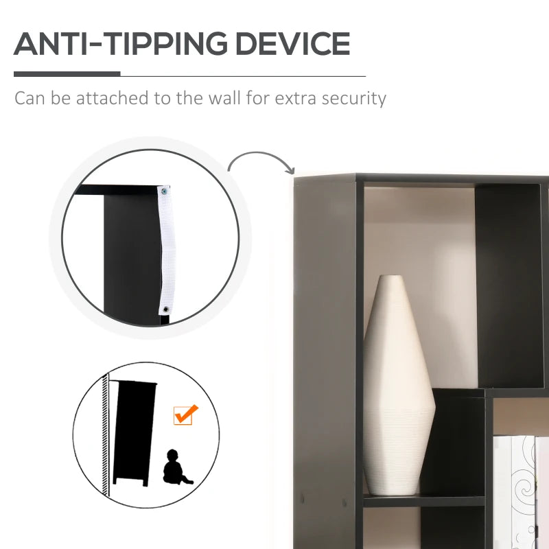 8 Tier Freestanding Bookcase Melamine Surface Anti Tipping Foot Pads Home Display Storage Grid Stand Bedroom Living Room Furniture Modern Black