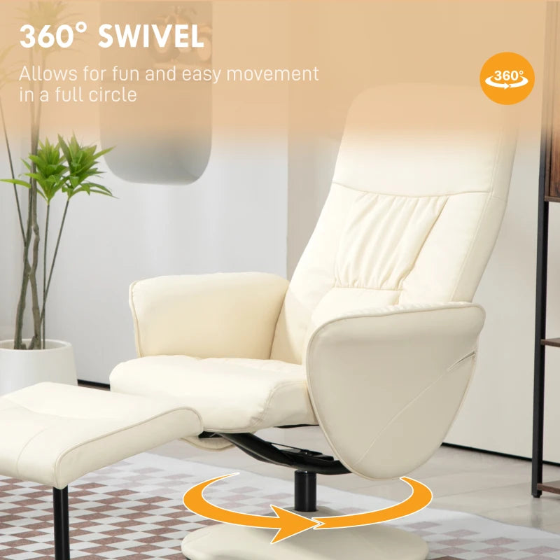 Cream White Swivel Recliner Chair with Footstool - PU Leather Armchair and Ottoman for Living Room