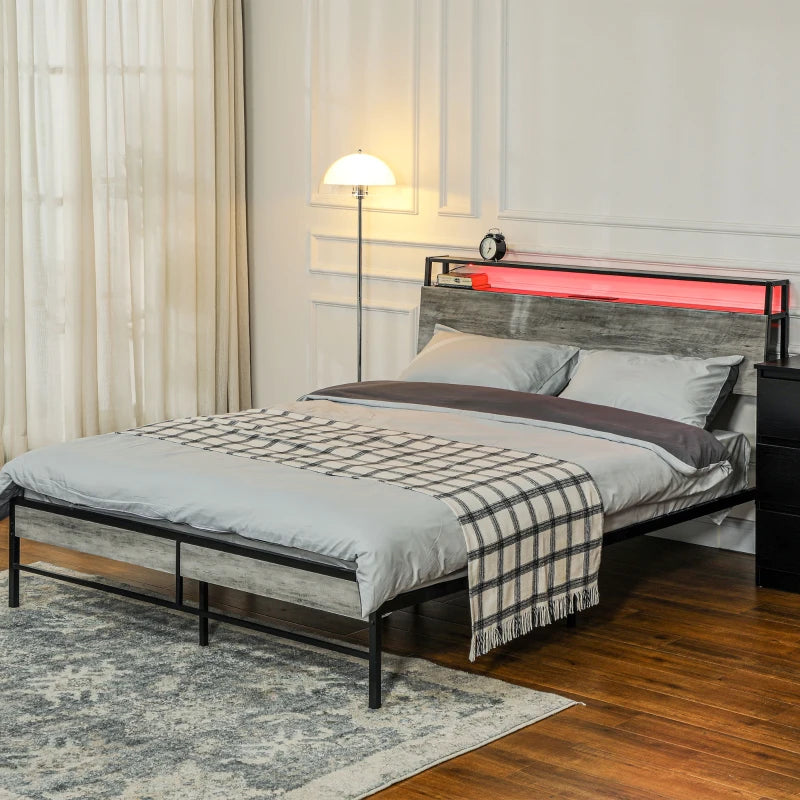 Modern Double Steel Bed Frame with LED Lights & Headboard Shelf - Stylish Grey Design for Ultimate Comfort