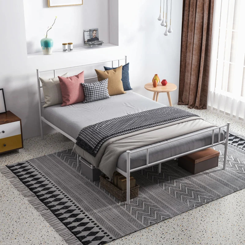 Double Metal Bed Frame with Headboard & Footboard - Solid Slat Support, Underbed Storage, Stylish White Bedroom Furniture