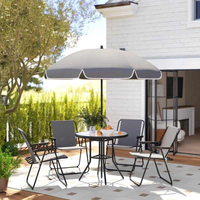 4 Seater Grey Garden Furniture Set - 6 Piece Outdoor Dining Set with Folding Chairs and Round Glass Top Table, Includes Parasol for Patio