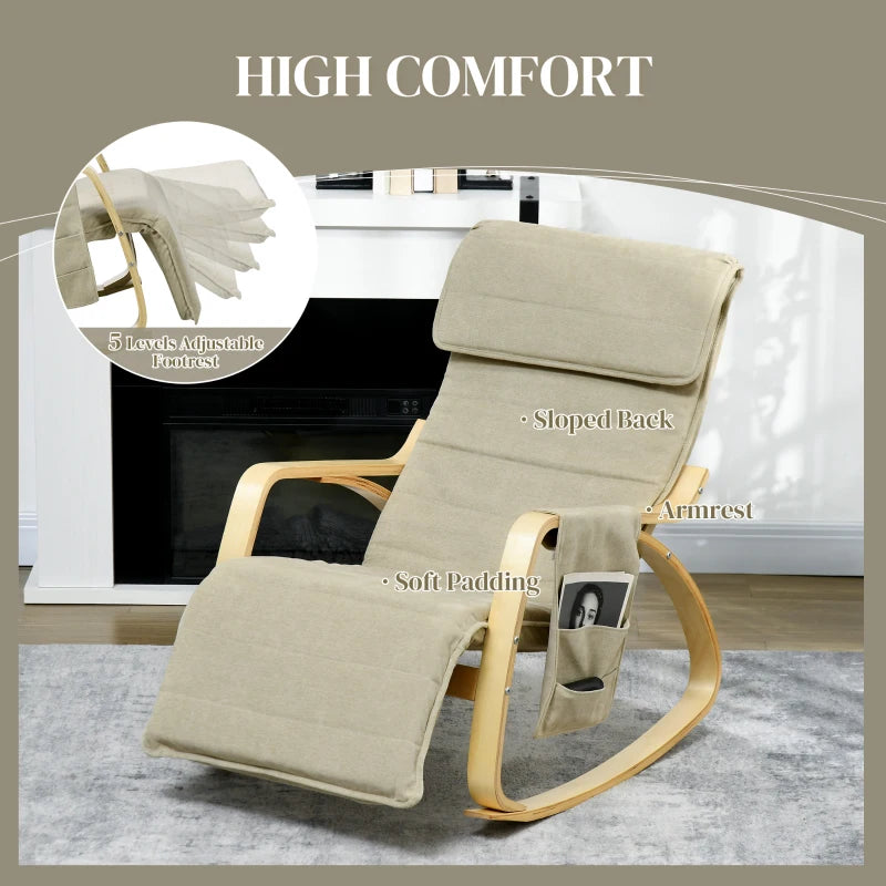 Adjustable Rocking Lounge Chair with Footrest, Side Pocket and Pillow for Ultimate Relaxation in Khaki