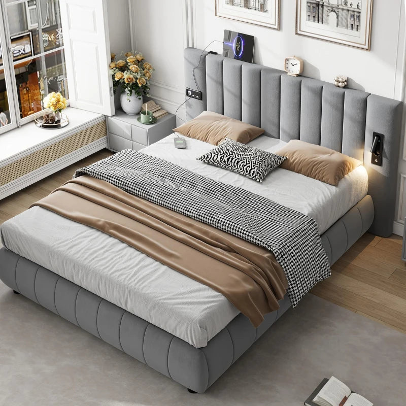 Stylish King Size Upholstered Bed with Stereo and USB Charging Ports Velvet Iron Frame Grey