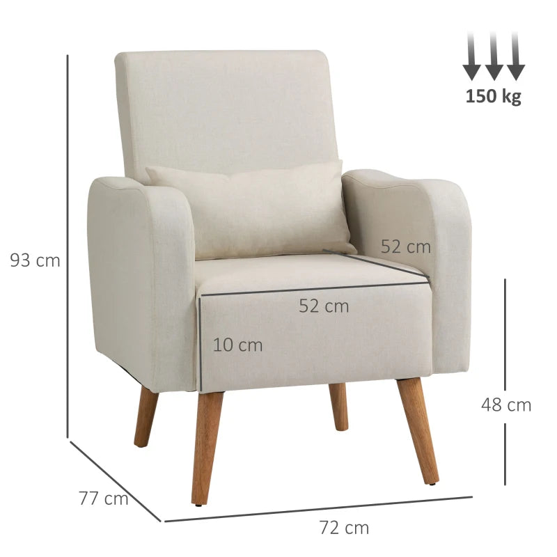 Linen-Touch Accent Chair with Pillow - Upholstered Lounge Sofa for Living Room, Club Chair in Cream