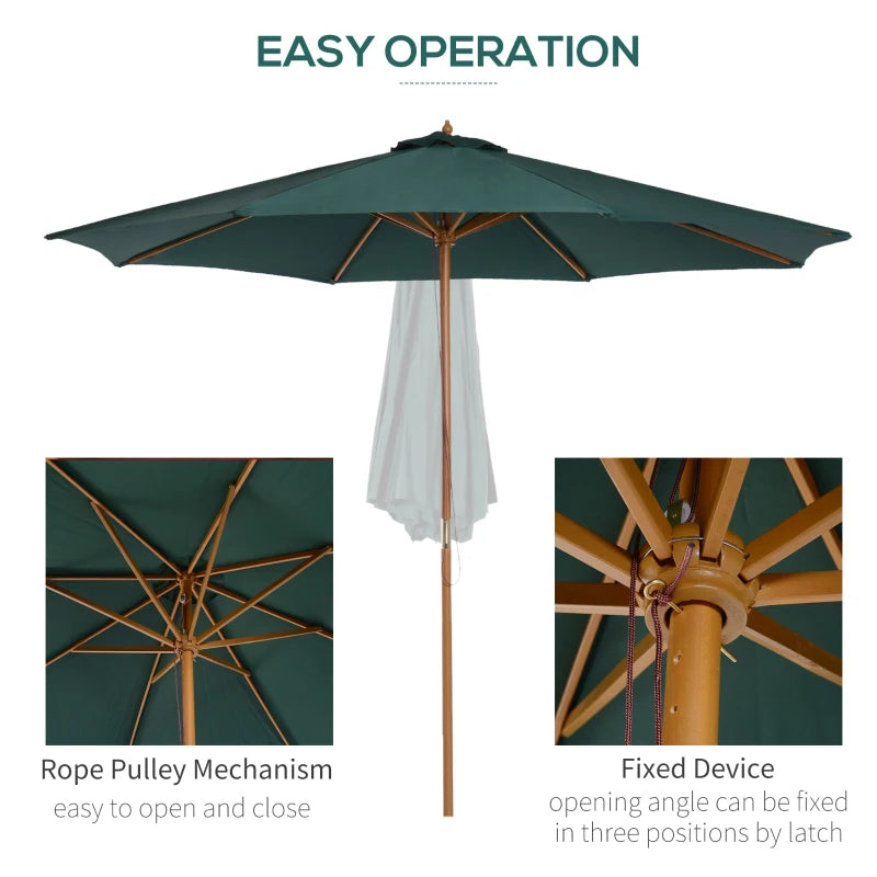 Dark Green 3m Wooden Patio Umbrella with Pulley Mechanism