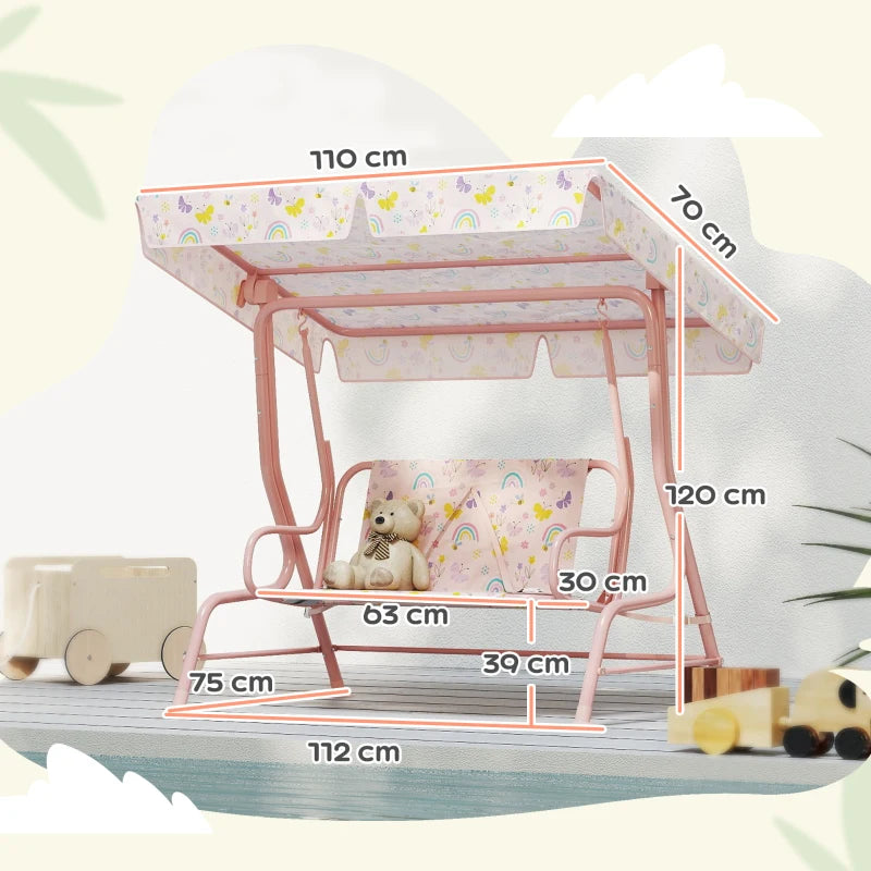 Kids Garden Swing Chair with Adjustable Canopy, Safety Belt, 2 Seater Hammock Swing Bench for Patio and Porch - Pink