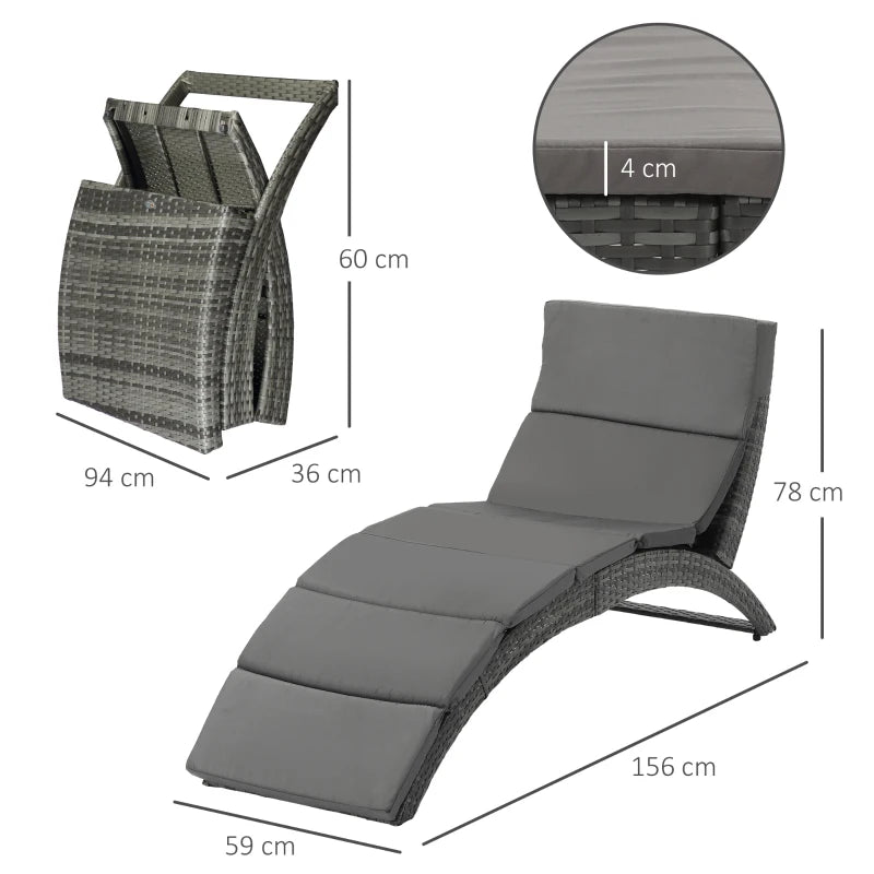 Grey Rattan Folding Sun Lounger with Cushion for Outdoor Relaxation