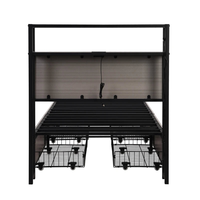 Metal Single Bed with LED Light Strip, 4 Drawers & 3 USB Ports - Stylish Grey Bedroom Furniture, 207x90.5x105 cm