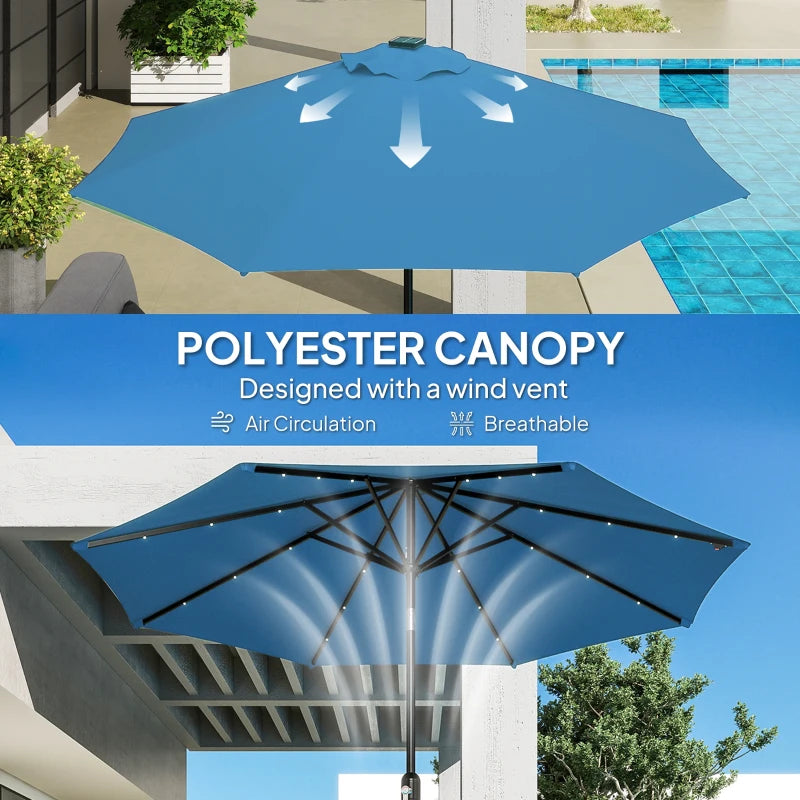 2.7m Blue LED Lighted Patio Umbrella - Outdoor Garden Parasol for Night Use