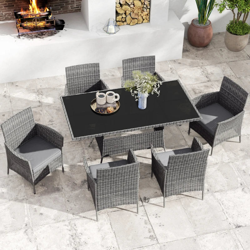 7-Piece Grey Rattan Garden Furniture Set - 6 Seater Dining Set with Cushions and Rectangular Glass Top Table