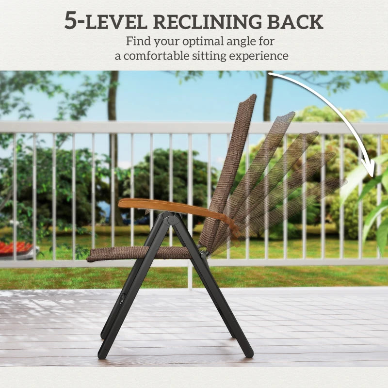 Folding Rattan Garden Dining Chair - 5-Level Reclining High Back, Wood Armrests, Outdoor Patio Furniture - Brown