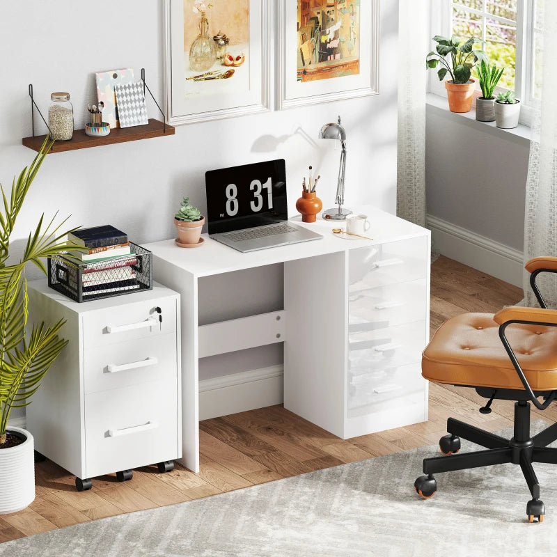 Modern White Computer Desk with Drawers - High Gloss Home Office Writing Workstation & Stylish Dressing Table