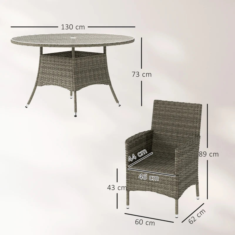 Light Grey Seven-Piece Rattan Dining Set with Round Glass Top Table for Outdoor Patio