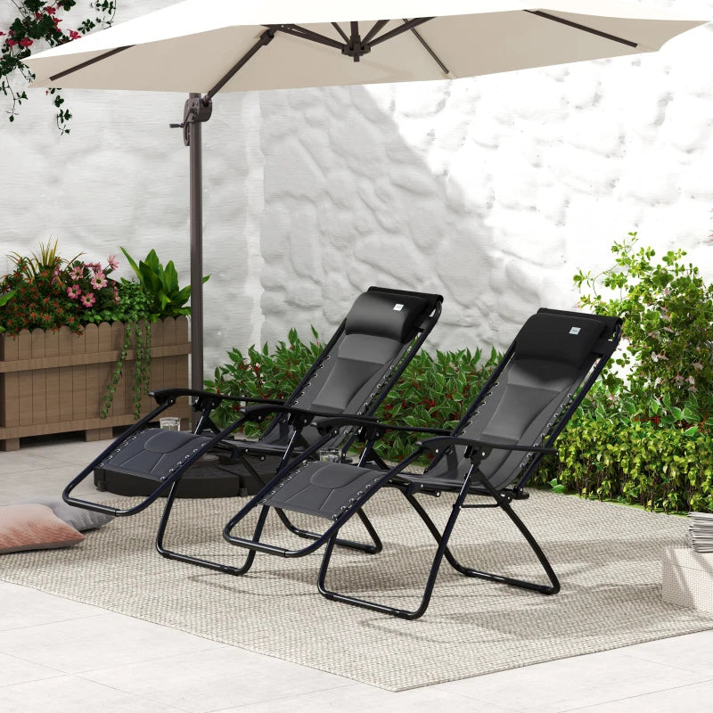 Black Sun Lounger Chair Set of 2 - Folding Reclining Patio Chairs with Padded Seat, Cup Holder, Soft Cushion and Headrest - Black