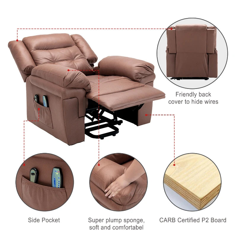 Power Lift Recliner Chair with Heating and Massage for Elderly, Soft Upholstery, Sturdy Frame, Brown, 99x83x106 cm