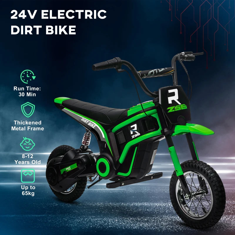 24V Electric Motorbike for Kids with Twist Grip Throttle Music Horn 12 Inch Tyres Green