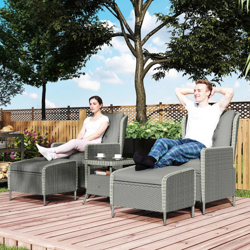 Five-Piece Charcoal Grey Reclining Rattan Chair Set for Outdoor Relaxation