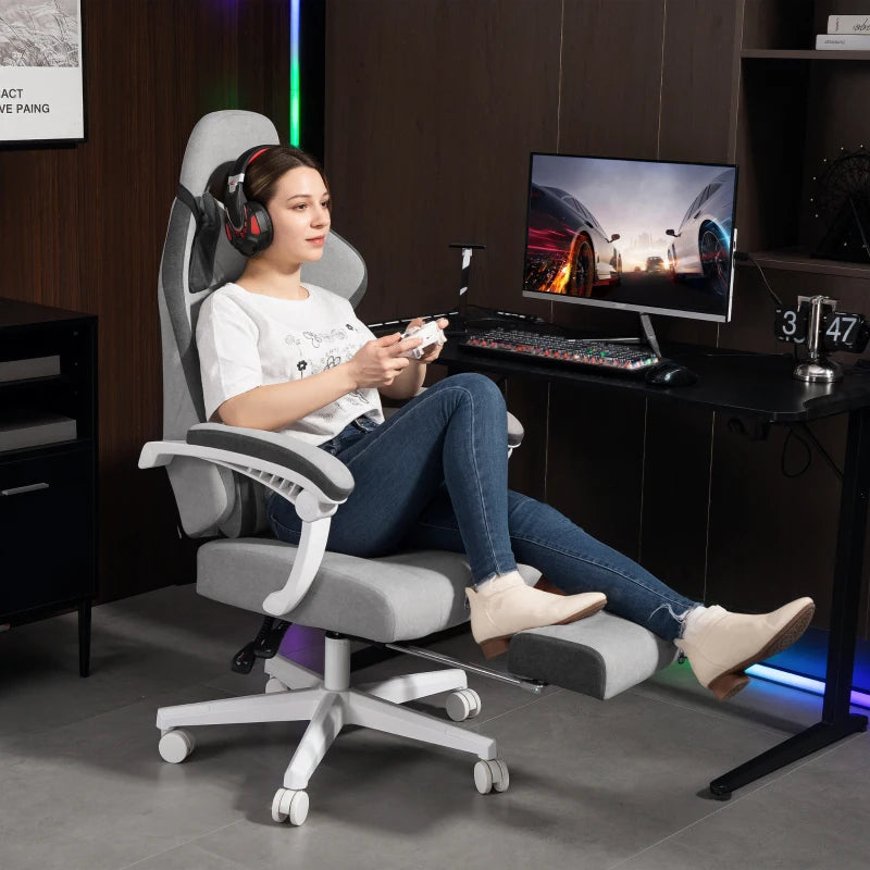 Ergonomic High Back Gaming Chair with Footrest - Velvet Recliner, Lumbar Support, Adjustable Height, 360° Swivel - Grey