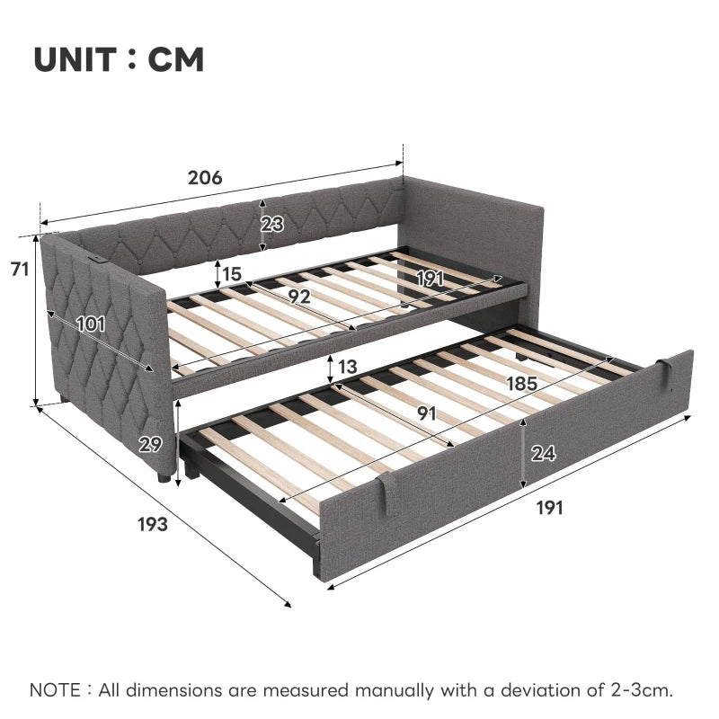 Upholstered Daybed with USB & Type-C Ports, Button-Tufted Trundle Bed for Bedroom & Study, Grey, 206L x 193W x 71H cm
