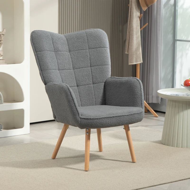 Grey Teddy Fleece Wingback Accent Chair for Stylish Living Room Decor
