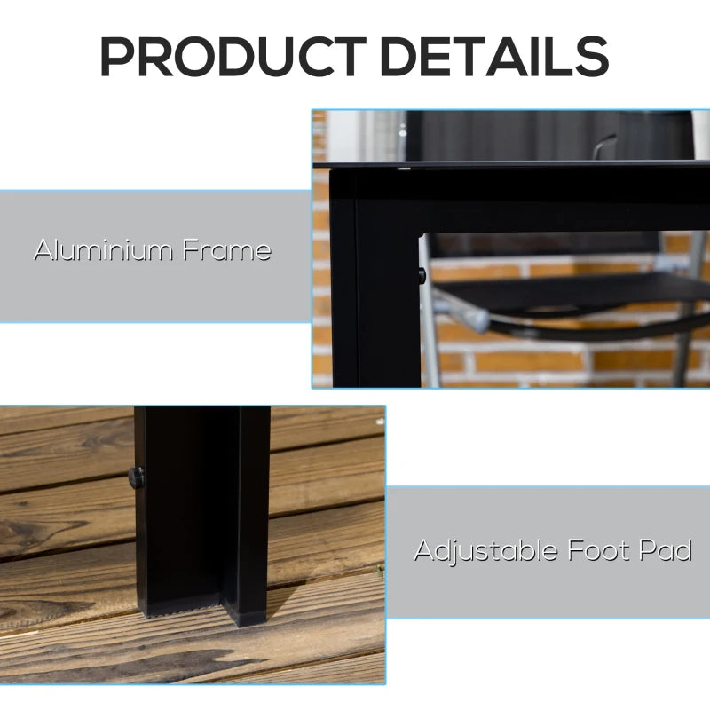 Black 6-Seater Outdoor Aluminium Dining Table with Glass Top