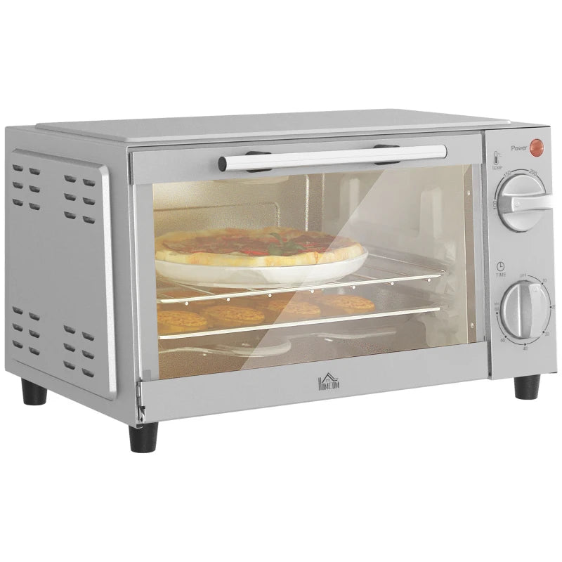 Compact 9L Mini Oven & Electric Grill - Adjustable Temp, Timer, Dishwasher Safe Tray, 750W, Silver Countertop Toaster Oven