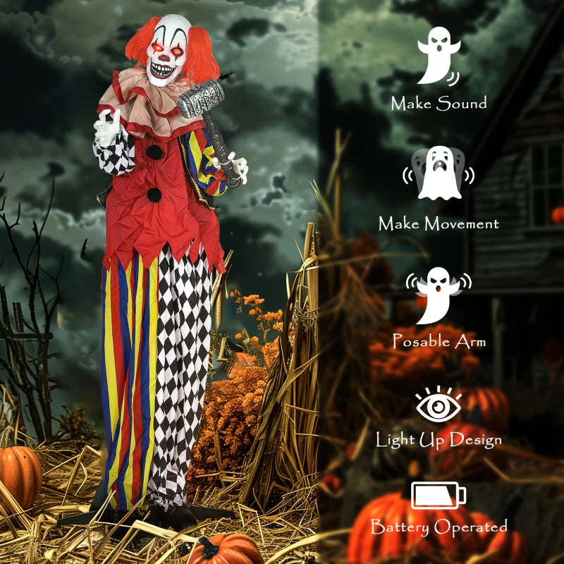 173 cm Life Size Scary Animated Clown with Hammer, Red Light Up Eyes, Sound Activated Arms & Head - Halloween Decoration