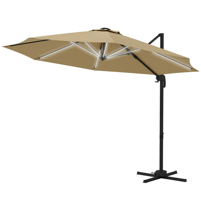 Adjustable Khaki Cantilever Parasol with Solar LED Lights & Base