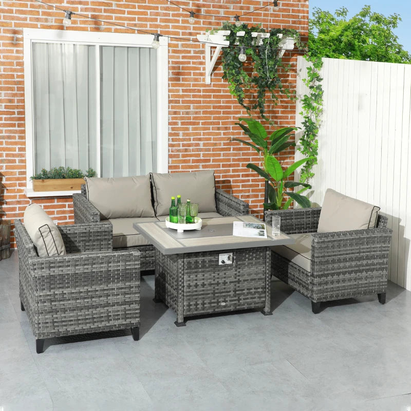 5-Piece Grey Rattan Patio Furniture Set with Gas Fire Pit