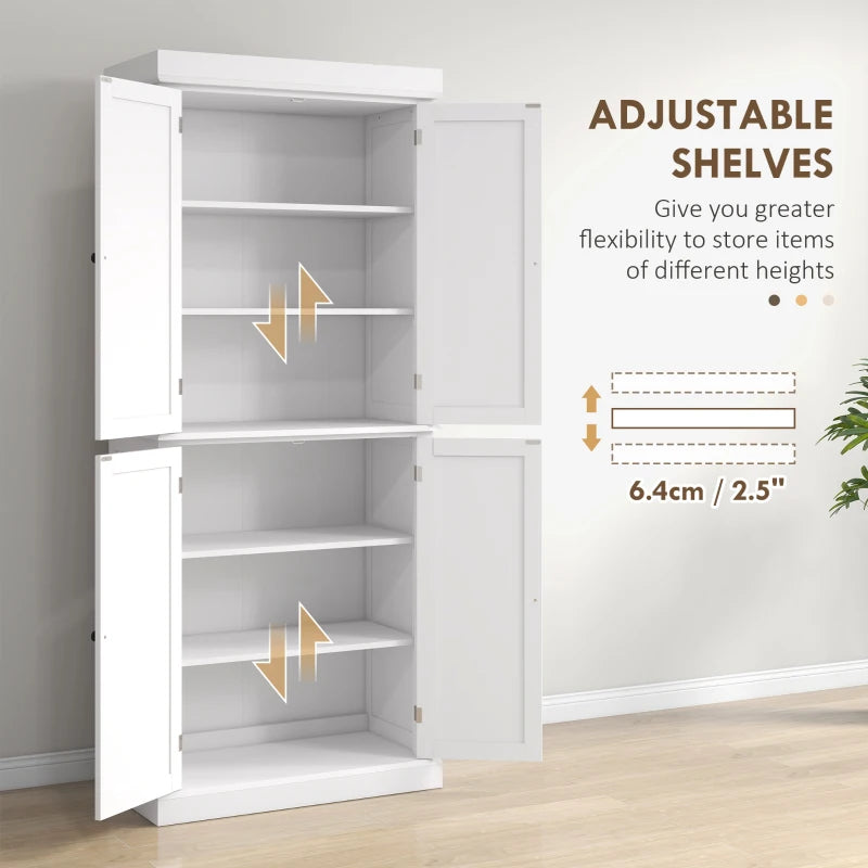 Freestanding Kitchen Storage Cabinet with 4 Doors and 6-Tier Shelving in White