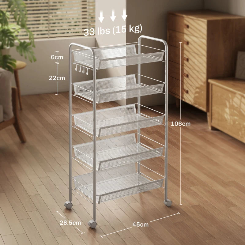 Five-Steel Mesh Storage Trolley with Wheels - Versatile White Basket Organizer for Home, Office, and Kitchen