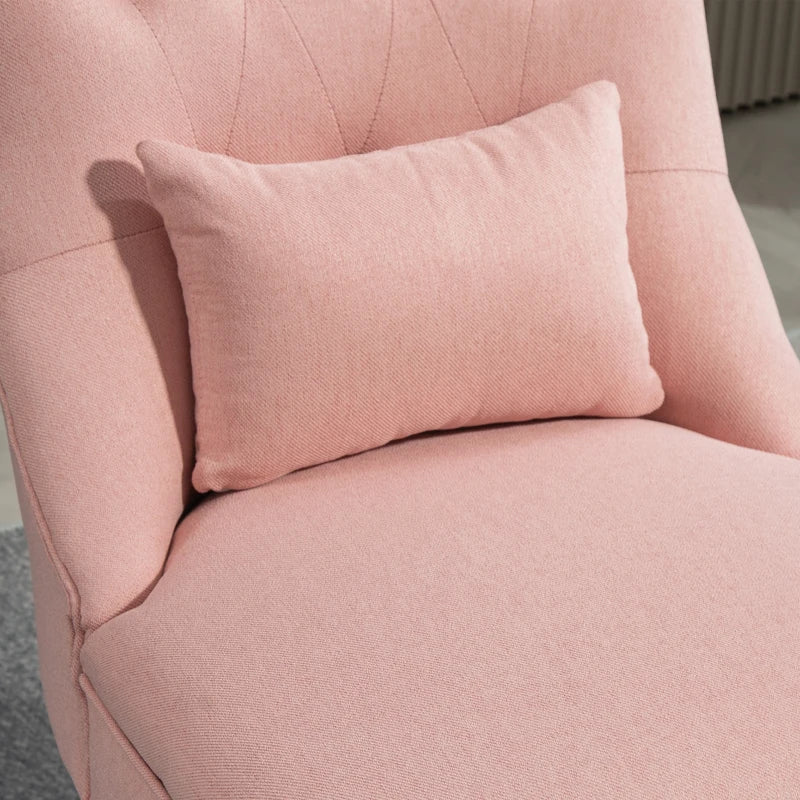 Upholstered Pink Fabric Tub Chair with Pillow and Solid Wood Legs for Living Room or Dining Room
