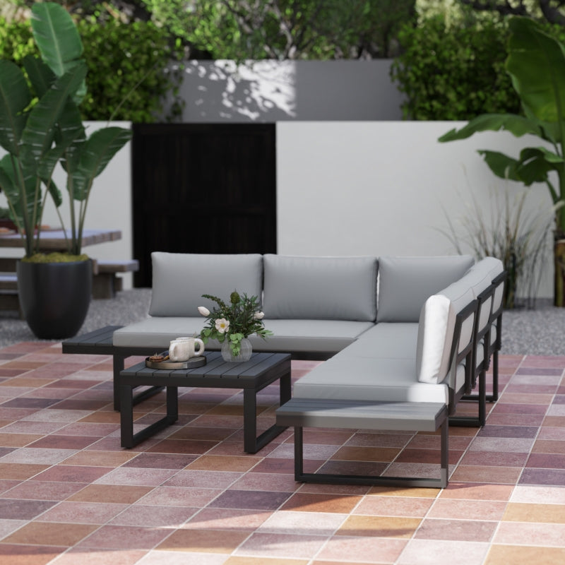 4-Piece Light Grey Outdoor Patio Garden Lounge Set With  5-Level Recline and Wood Grain Plastic Table