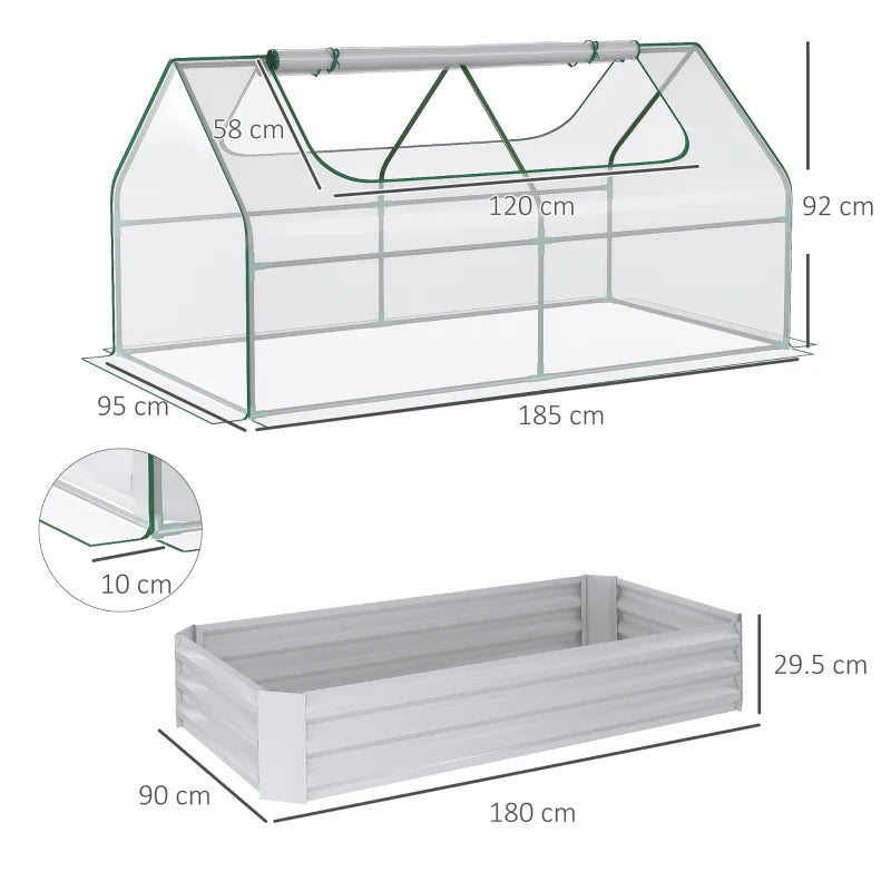 Steel Raised Garden Bed with Greenhouse, Clear Cover, 185L x 95W x 92H cm