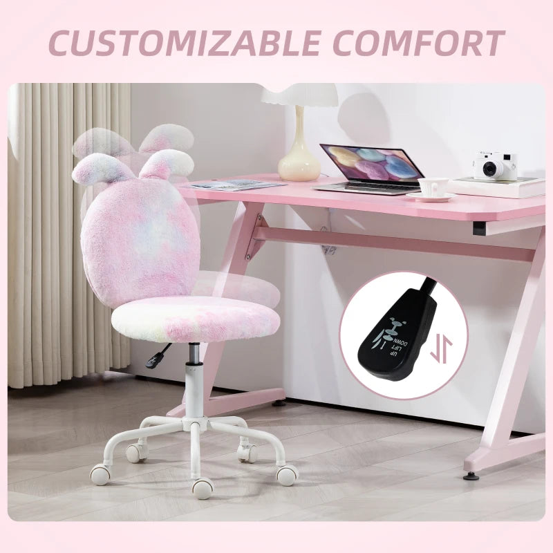 Fuzzy Bunny Ears Office Chair - Faux Fur Swivel Desk Chair, Armless Makeup Vanity Chair, Adjustable Height for Bedroom & Study
