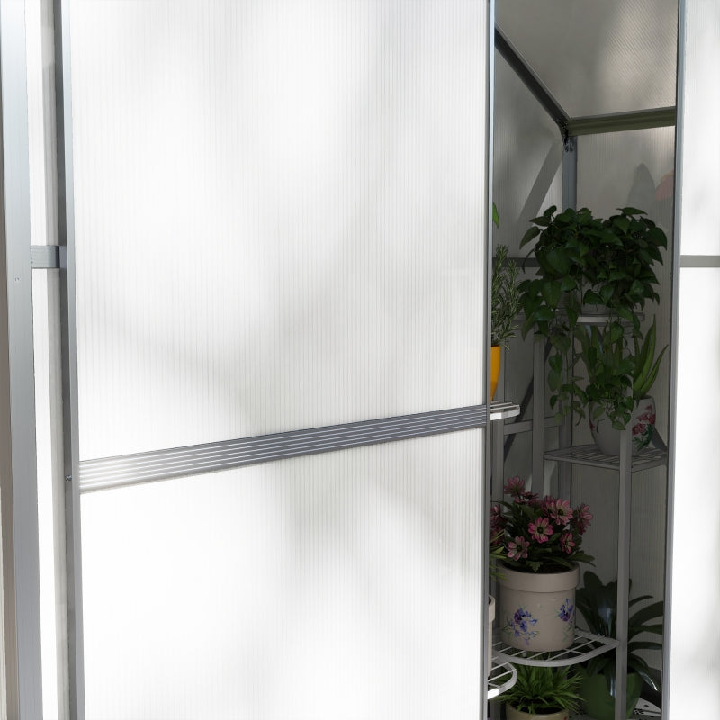 6x2.5ft Green Polycarbonate Walk-In Greenhouse with Rain Gutter, Sliding Door, Window, Foundation