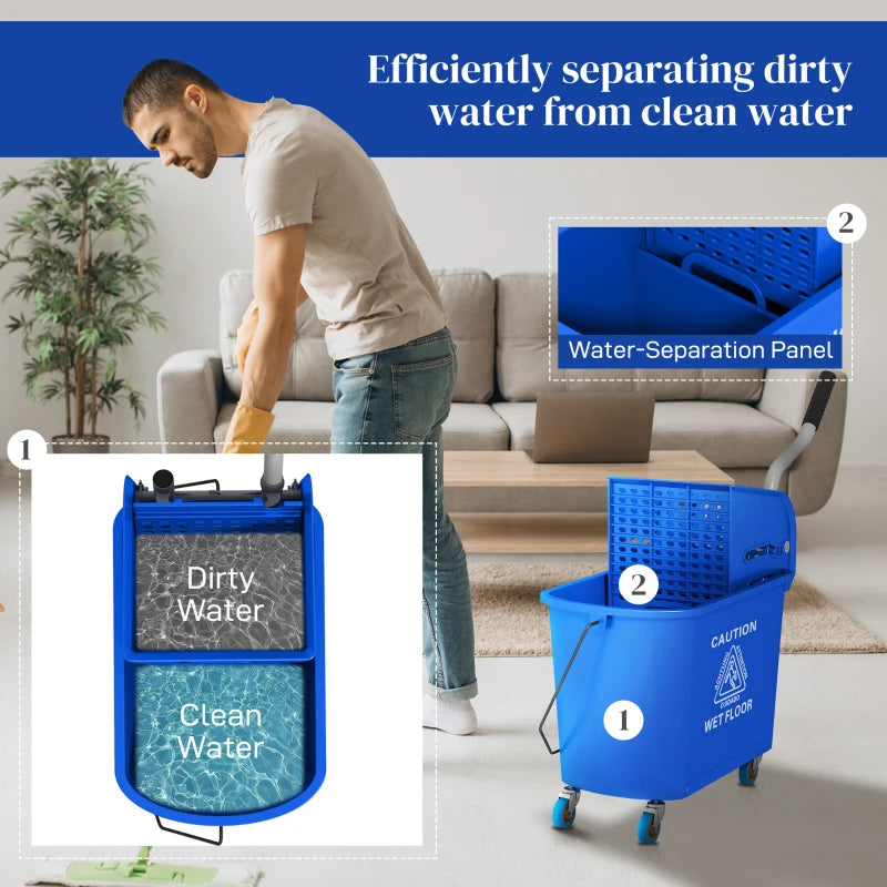 20L Compact Mop Bucket on Wheels with Water Separation Panel - Blue | Ideal for Easy Cleaning and Storage