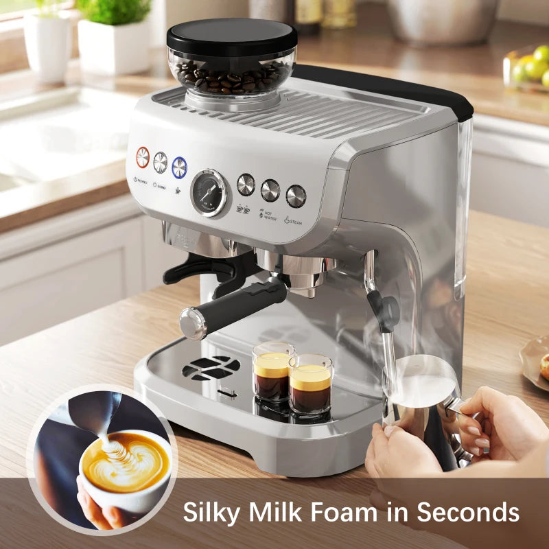 15 Bar Silver Coffee Machine with Adjustable Grind, Steamer & Accessories - Perfect for Espresso Lovers