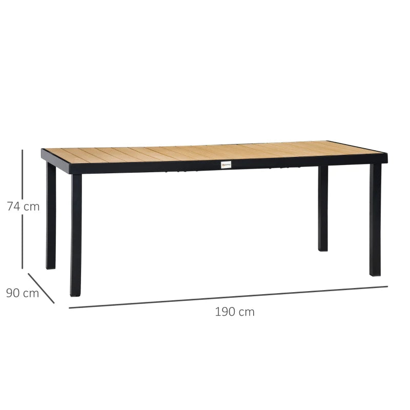 Aluminium Outdoor Garden Dining Table for 8 People - Natural Faux Wood Top, 190 x 90 x 74 cm