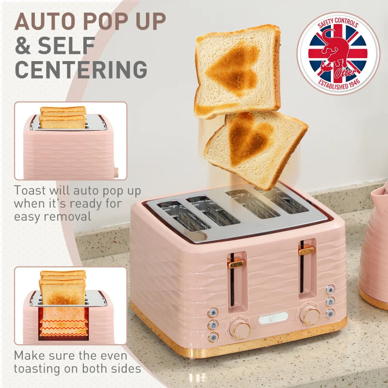 Light Pink 3000W Kettle & 4 Slice Toaster Set - 1.7L Capacity, 7 Browning Controls, Easy Clean Crumb Tray