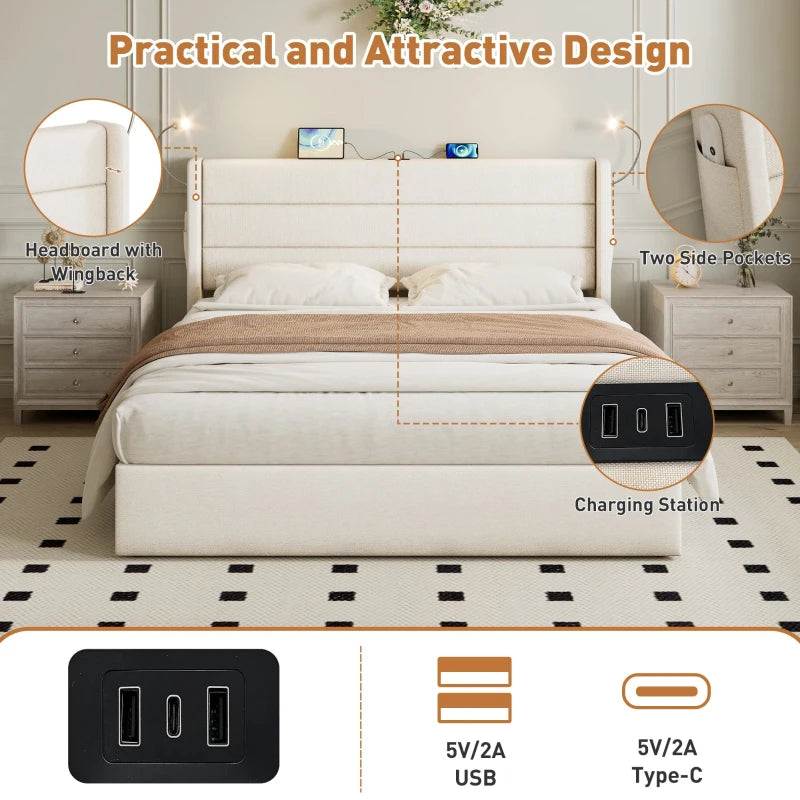 King Upholstered Bed with Hydraulic Storage & LED Reading Light - Beige, 208L x 158W x 113H cm, Stylish Headboard
