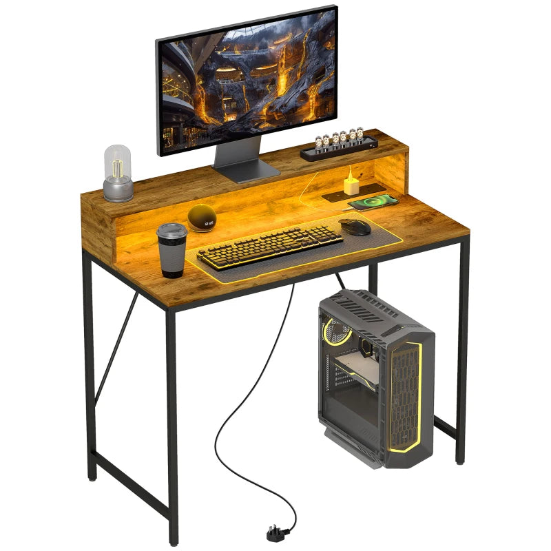 100cm Rustic Brown Computer Desk with LED Lights & Power Outlets, Gaming Table with Monitor Stand & Remote for Home Office