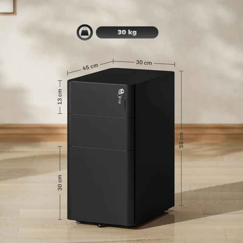 Vinsetto Black 3-Drawer Steel Filing Cabinet with Lock - Secure Storage Solution for Home or Office