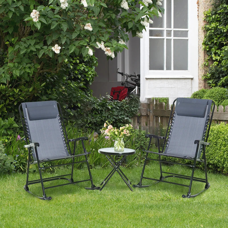 Grey 3-Piece Folding Rocking Chair Set with Glass Table - Outdoor Patio Bistro Set