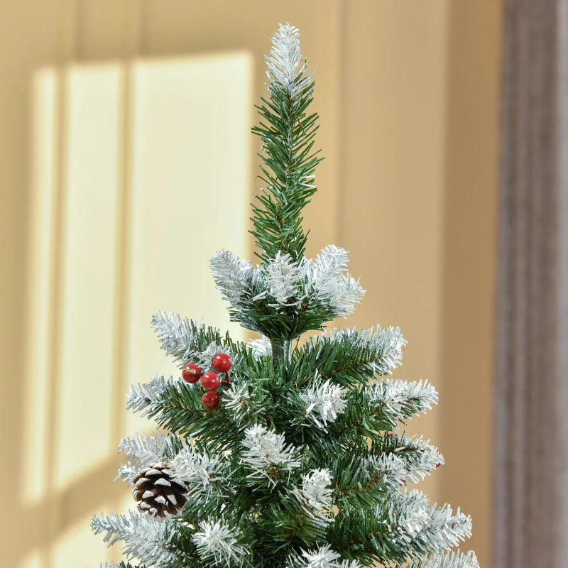 5FT Artificial Christmas Pencil Tree with Red Berries & Pinecones - Foldable Indoor Holiday Decoration, Green Xmas Tree